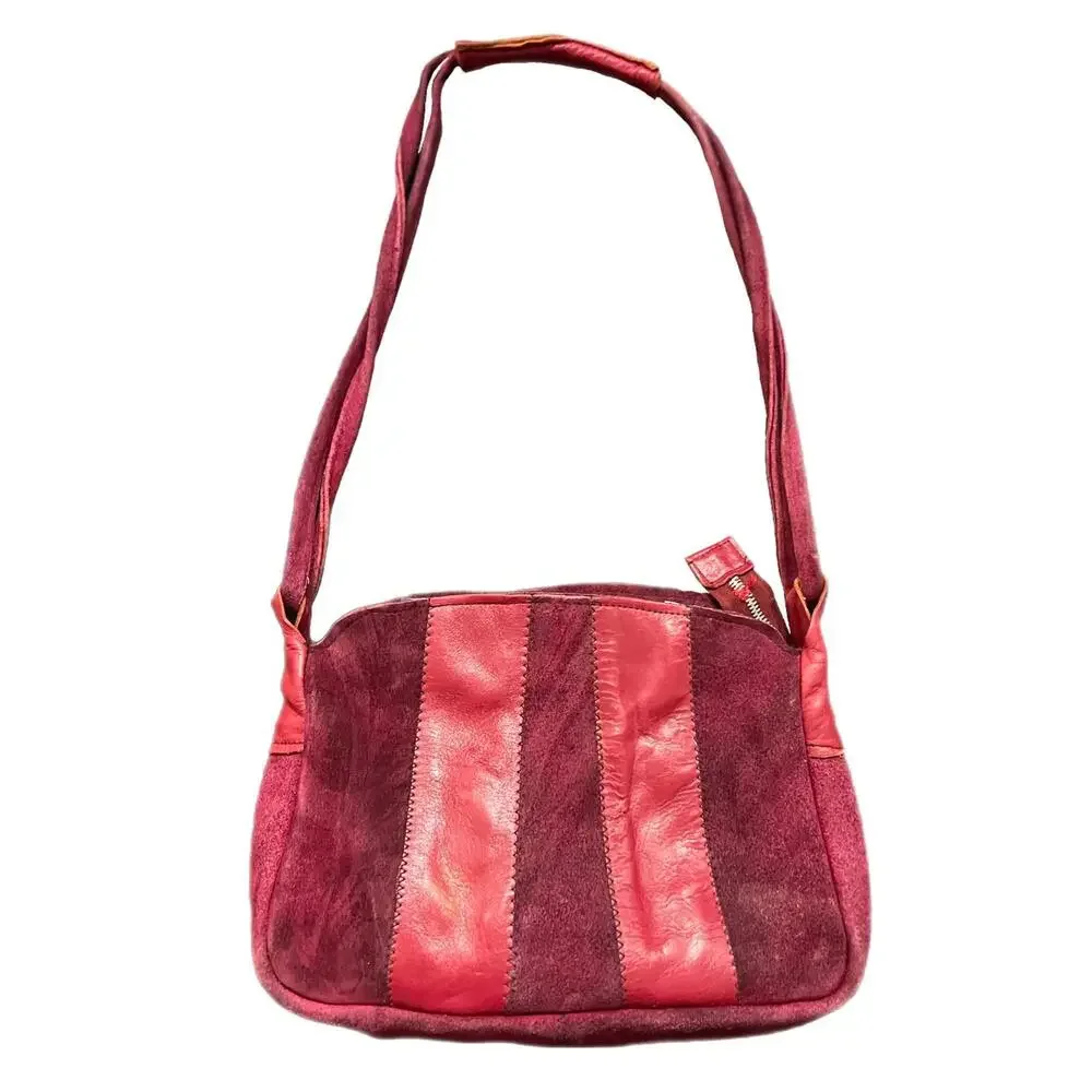 Burgundy Suede and Leather Shoulder Bag OS
